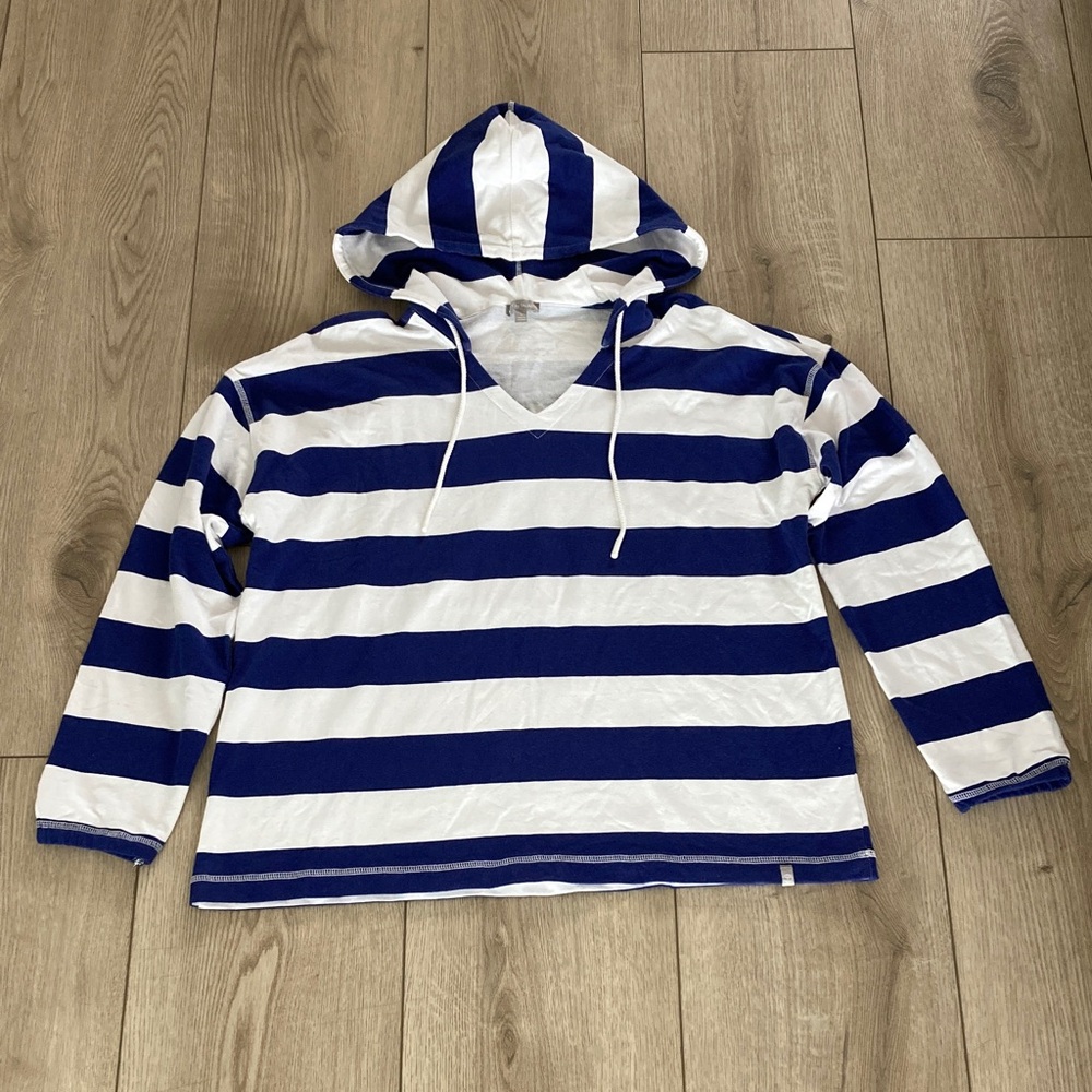 Talbots Stripe Drop Shoulder Hooded Sweatshirt Womens Large Blue White Coastal